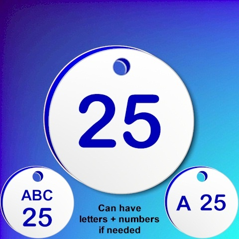 Numbered Plastic Tags - White With Blue Numbers