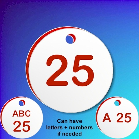 Numbered Plastic Tags - White With Red Numbers
