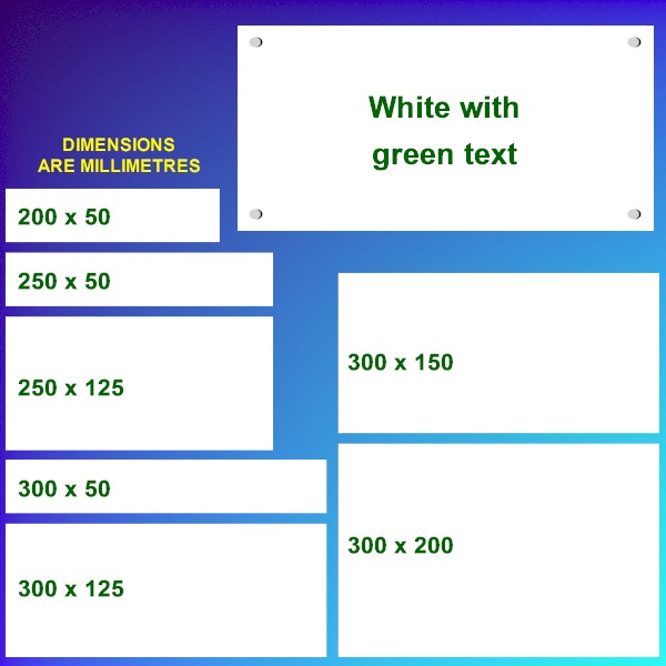 White Plastic Signs and Name Plates - GREEN TEXT